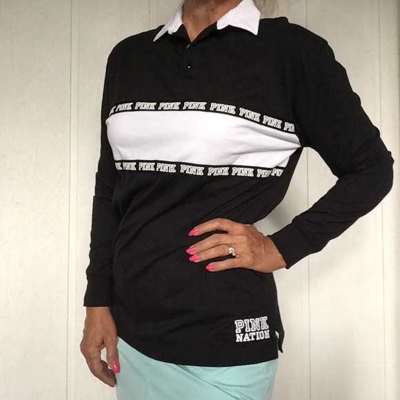 VS PINK BLACK & WHITE COLLEGIATE COLLECTION PINK NATION RUGBY TOP SIZE XS - Picture 5 of 14